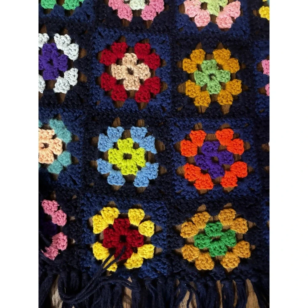 VTG Granny Square Afghan Crochet Throw Blanket Connor's Multi-Color Fringe
